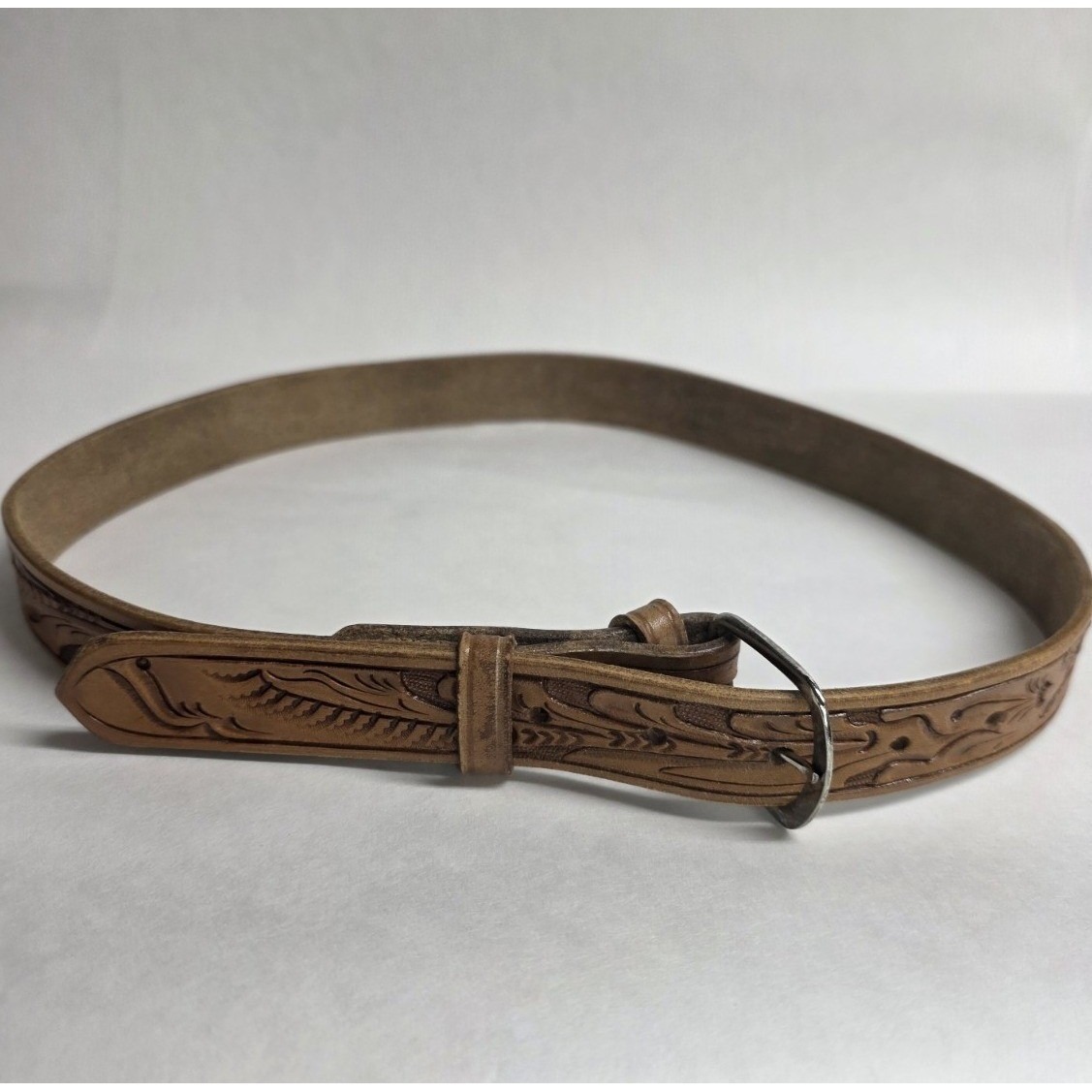 Western Leather Belt Women Sz 32 Brown Filagree Cowgirl 1" Wide, Hand Tooled Euc